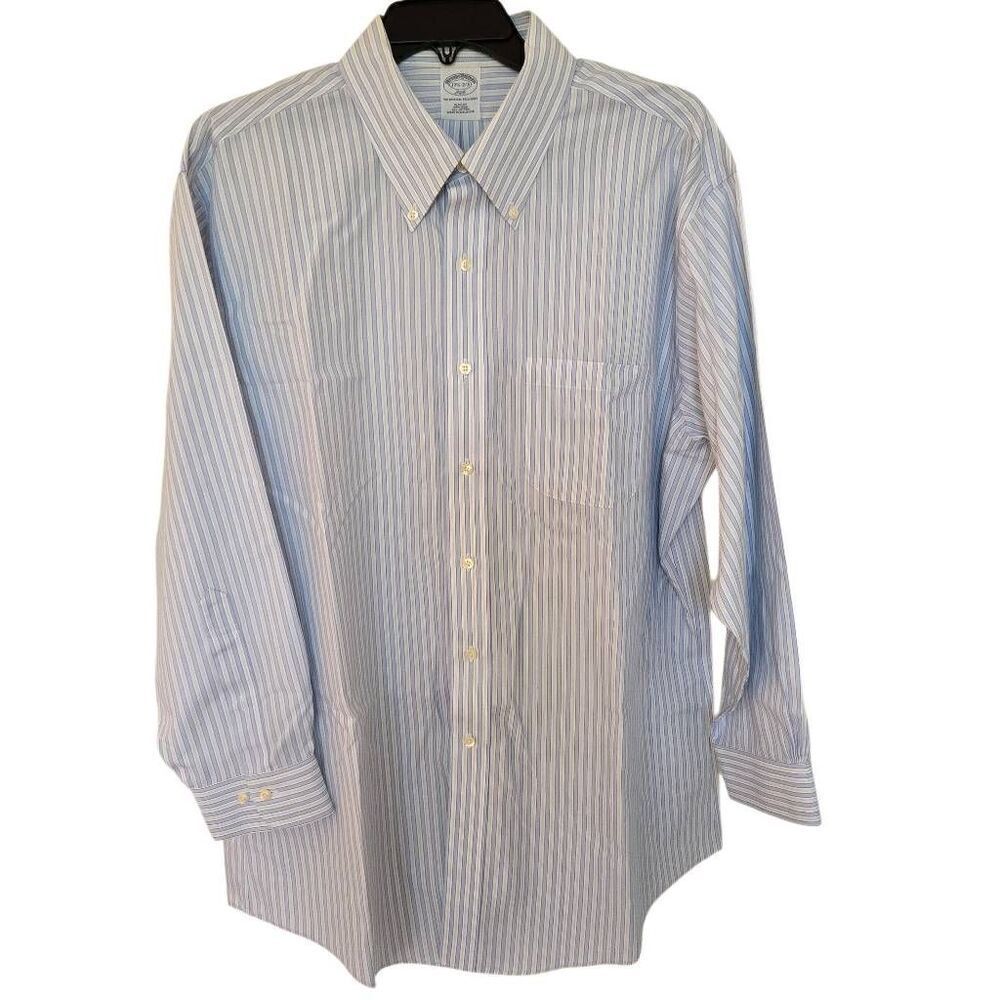 Brooks Brothers Mens Stripe Slim Fit Non-Iron Button Down Shirt Blue Size 17.5